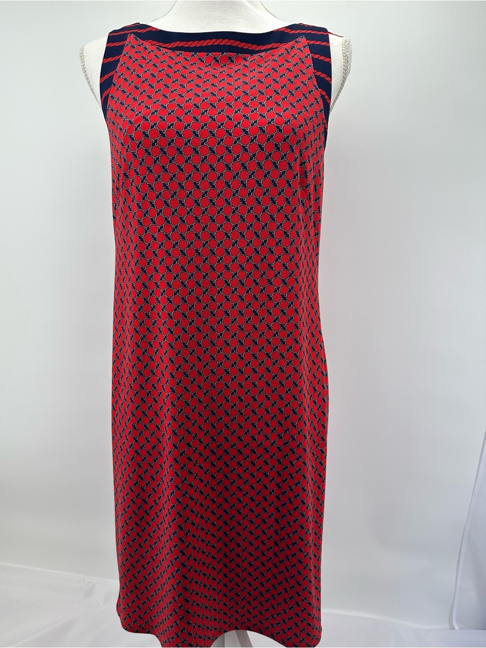 Ann Taylor Red and Navy Sleeveless Midi Shift Dress